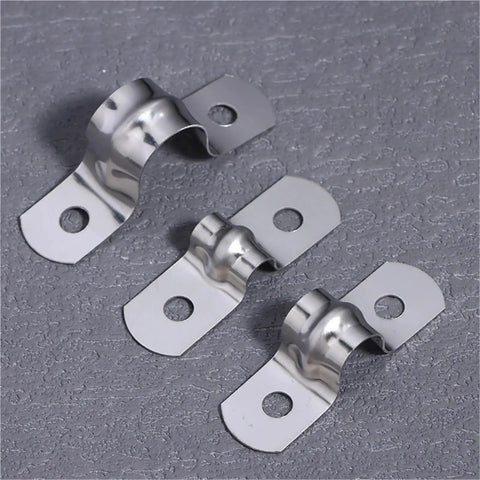 Three Heavy Duty 60 Piece Stainless Steel U Shaped Pipe Clamps with dual slot holes for secure fittings.
