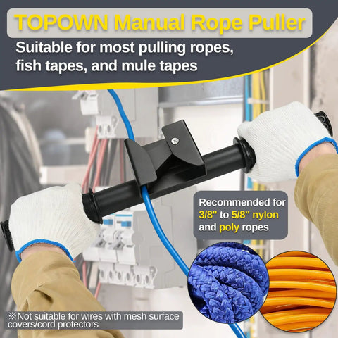 Manual Rope Puller Tool For Fish Tape And Wire Tug, Heavy Duty Wire Tugger Gripper used with nylon ropes in an electrician's setup.
