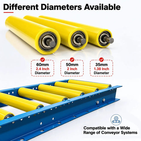 Upgrade Your Shop With These 5 Pack Heavy Duty Steel Conveyor Rollers! 60mm, 50mm, 35mm rolling steel rollers for smooth material handling.