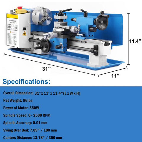 7X14 Mini Metal Lathe Machine With 550W Motor And Variable Speed Control Up To 2500 Rpm, showing detailed specifications.