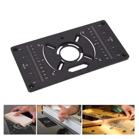 Solid Build Aluminum Router Table Insert Plate With Dual Inch And Centimeter Markings Universal Fit Black finish with measurement scales