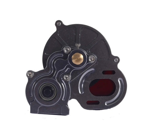 Front view of Beefed-Up Full Alloy 1/10 RC Car Transmission Case Gearbox Assembled For Axial SCX10 SCX10 II 90047 with titanium finish.