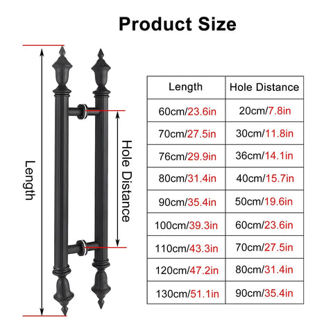 Product size chart for Built Tough Waterproof Stainless Steel Barn Door Pull Handle With Adjustable Frame Kit dimensions.