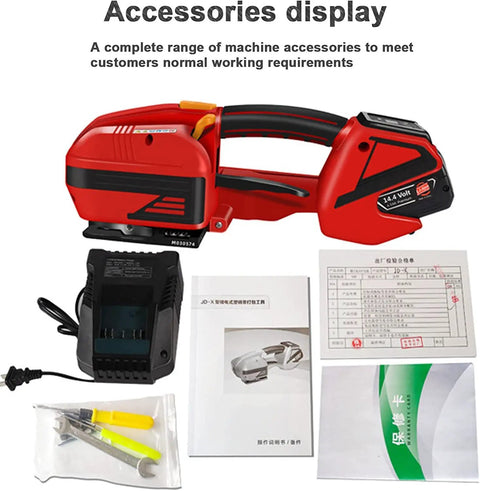 Hustle Ready Portable Electric Strapping Machine With High Capacity Rechargeable Battery, charger, and accessories displayed.