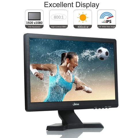 15.6 Inch IPS Monitor With Full HD 1080p Display Multi Input For Security Cameras Office PCs And Gaming Stand Included Boss Level Clarity And Vivid Color showing woman playing soccer