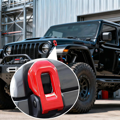 Red ABS Hood Latch Covers 2pc for Jeep Wrangler JL JLU Gladiator JT stylish close-up on factory hood latch with a glossy finish.