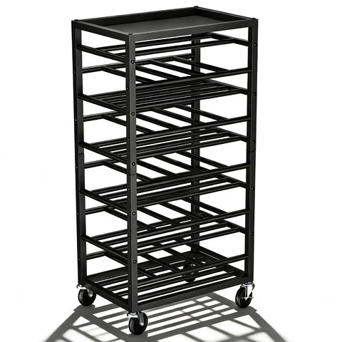 Heavy Duty Rolling Cart Holds A Solid Fifty Spray Paint Cans Built Tough For Double Sided Storage Plus Top Tool Tray Wheeled Garage Rack Rolls Smooth And Keeps Your Shop Legit, black metal with wheels.