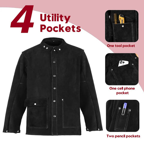 Heavy Duty Leather Welding Jacket With Flame Resistant Front And Breathable Flame Resistant Cotton Back, four utility pockets