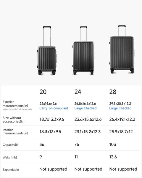 Three sizes of aluminum frame carry-on luggage with spinner wheels displayed, showing measurements and capacity options: 20, 24, and 28 inches.