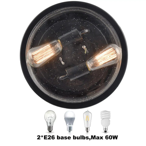 Top view of Black Drum Flush Mount Ceiling Light Fixture with seeded glass and two E26 bulbs, showcasing rustic farmhouse vibe.