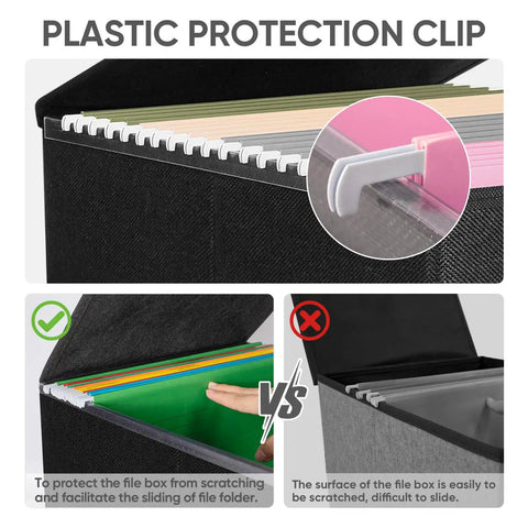 Collapsible File Organizer Box With Lid Featuring Slick Glide Rails For Letter Size Documents Made From Sturdy Polyester, showing plastic protection clip.