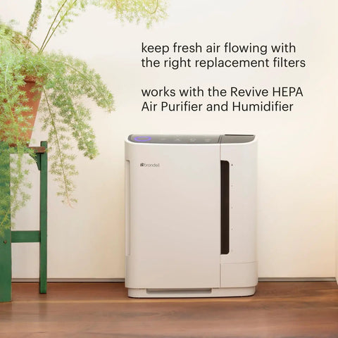 Revive air purifier next to plant, compatible with Air Purifier Replacement Filters For Revive 1 Year Standard Pack With Two HEPA Filters