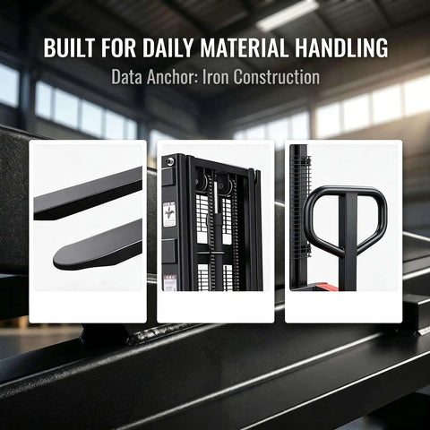 Heavy Duty 3300 Lbs Semi Electric Pallet Stacker And Narrow Pallet Jack For Tight Aisles, showcasing iron construction details.