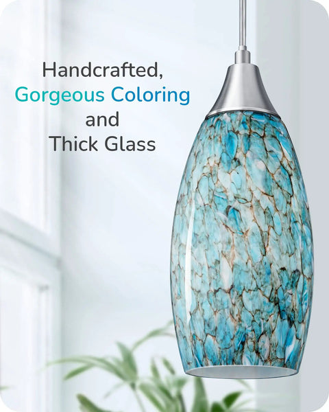 Edishine Handcrafted Art Glass Pendant Light With Turquoise Blue Swirl Shade, Plug In Hanging Light with detailed glass close-up
