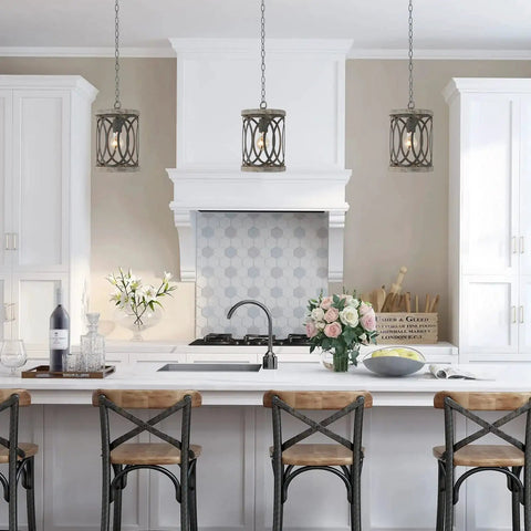 Dope Rustic Wood Pendant Light With Black Metal Shade, 1-Light Farmhouse Ceiling Fixture in a modern kitchen setting.
