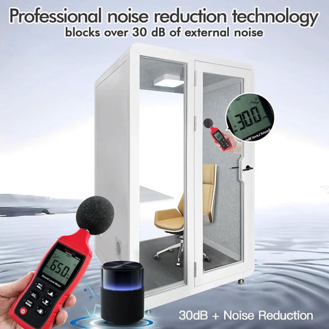 Portable One To Two Person Soundproof Office Pod With Thick Acoustic Panels and Whisper Quiet Ventilation, showing noise measurement equipment.