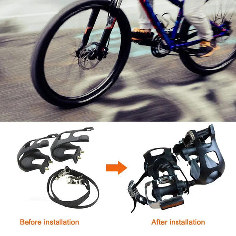 1 Pair Bike Pedals With Toe Clip And Strap For Indoor Outdoor Cycling, installation comparison, black nylon straps visible.