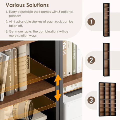Heavy Duty Eight Tier Narrow Bookshelf With Adjustable Wooden Shelves showing adjustable shelf positions and storage capacity.