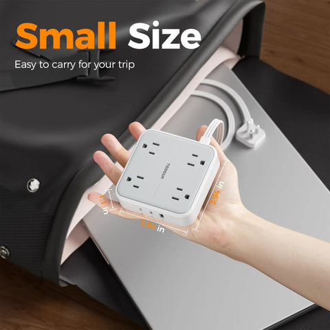 Sleek Flat Surge Protector Power Strip Featuring Ace Usb C Fast Charging Ports And Four Heavy Duty Outlets for on-the-go use in hand.