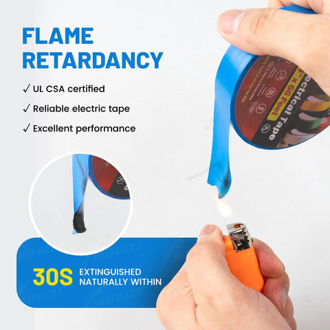 Blue Electrical Tape 5 Pack 3/4 Inch By 66 Feet Industrial Grade Pro Grade Tough 7 Mil Thick Flame Retardant Waterproof PVC Tape 600V UL Listed CSA Listed being flame tested with a lighter in hand.
