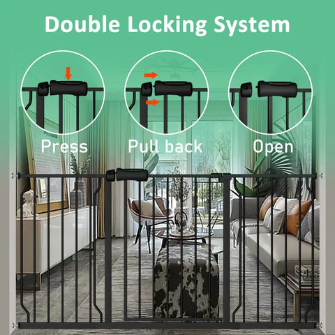 Extra Wide Pressure Mounted Baby Gate Walk Through for Kids and Pets With Extension, Auto Close, Double Locking System shown