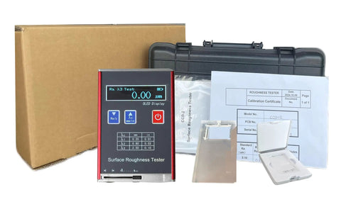 Go-To Digital Surface Roughness Tester Profilometer With USB Interface, Pro Grade Precision Ra 0.05 To 15.0 Micrometers And Rz 0.1 To 50 Micrometers, Real Time Clock, Battery Status Display, USB Charging And Easy Data Output with accessories visible