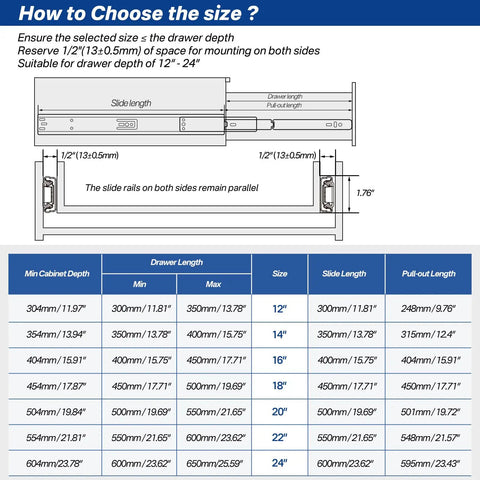 Heavy Duty Soft Close Drawer Slides With Hella Smooth Hydraulic Dampers And Tough One Hundred Pound Load Rating Steel Cabinet Glides size selection guide.