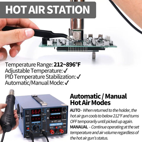 Hand operating Three In One SMD Soldering Iron Station With Hot Air Rework DC Power Supply, showing temperature controls and board repair