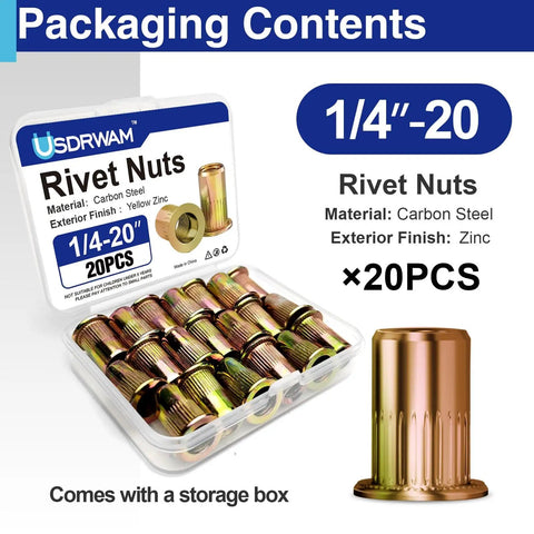 1/4-20 Rivet Nuts Zinc Plated Carbon Steel Threaded Insert Rivnut Flat Head UNC 20 Pieces in packaging