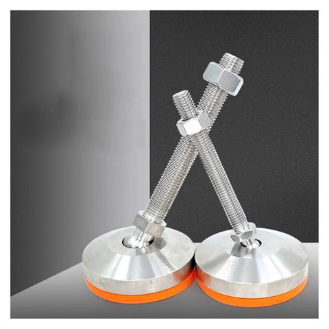 Heavy Duty Adjustable Leveling Feet 4 Pack With Slick Yellow Rubber Pads Rock Solid No Sweat M24 Threaded Table Legs for Furniture Support and Base close-up.