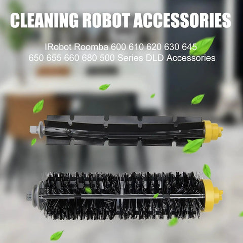 Replacement Brush Rollers And Side Brush Kit For Roomba 600 And 500 Series Vacuum Cleaners Fits Models 595 610 620 630 635 650 655 660 665 671 680 690 695 Easy Install Replenishment Set For Deep Edge Cleaning And Keeps Floors Fresh showing two brush rollers with yellow ends