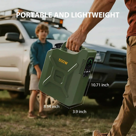 Portable Power Station 500Wh Lifepo4 Solar Generator With 500W Pure Sine Wave AC Outlet And 60W USB C PD Quick Charge For Camping Rv And Home Blackouts held by a person, showing size and portability.