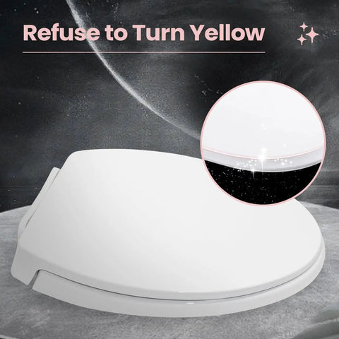 Super Smooth Soft Close Elongated Toilet Seat In Cotton White with shown detail and resistant design to retain color.