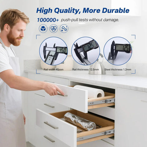 6 Pairs 22 Inch Soft Close Drawer Slides Ball Bearing Cabinet Rails installation with precise measurements in kitchen.