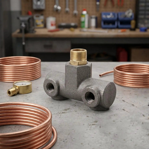 Four Way Pneumatic Air Compressor Manifold Mounting Bracket - Heavy Duty Cast Iron with copper coils in workshop setting