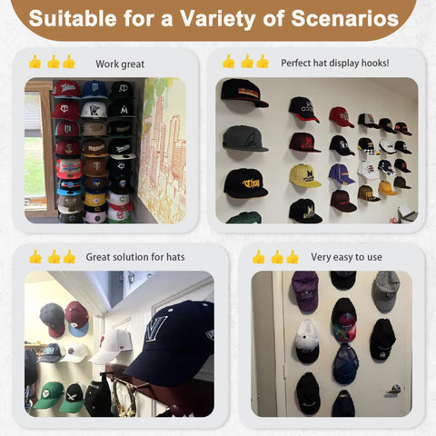 22 Pack Adhesive Hat Hooks No Drill Wall Hook No Drill Hassle Zero Sweat Setup for organizing baseball caps on wall display.