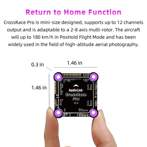 Person holding CrossRace Pro APM Flight Controller for Racing Drones 37x37 board with visible dimensions and return to home feature.