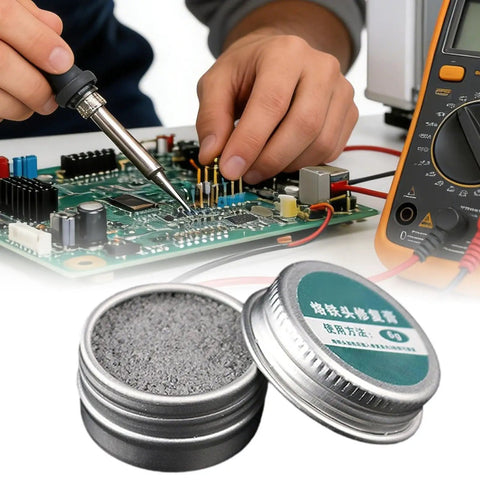 Tip Cleaner For Oxidation Removal Keeps Soldering Iron Tips Active next to circuit board and multimeter in workshop