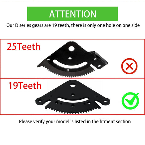 Comparison of 25 teeth and 19 teeth steering sector gears for John Deere tractors. Only the 19 Teeth Steering Sector Pinion Gear Rebuild Kit Replacement For John Deere D100 D105 D110 D120 D130 D140 D150 D160 D170 Series Lawn Tractors Replaces GX21924BLE is correct.