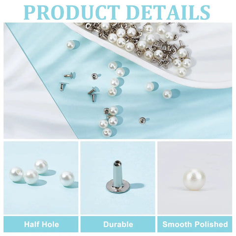 Image showing 100 Piece Pearl Rivets And Pins Kit For Clothing Decoration 6mm White Round Plastic Pearl Buttons ideal for DIY embellishments