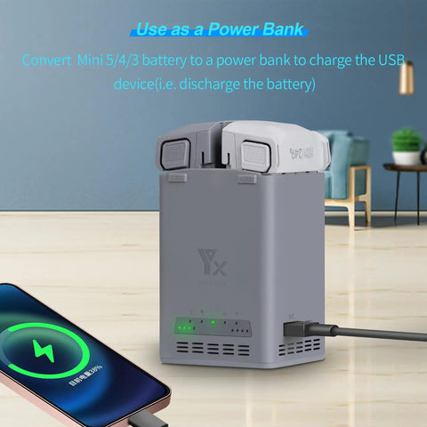 100W Dual Battery Charger Hub For Mini 5 Pro Mini 4 Pro Mini 3 Pro Drones with USB-C cable charging a phone