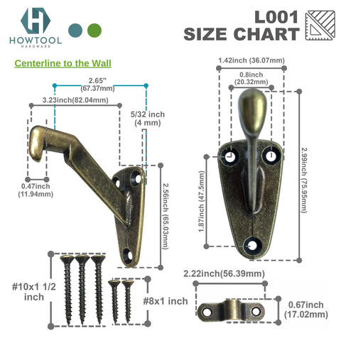 Beefy Heavy Duty Handrail Brackets In Antique Brass 3 Pack Solid Die Cast Wall Mount Stair Support For Dead Simple DIY Install And Awesome Farmhouse Vibe Upgrade size chart with measurements and screws.