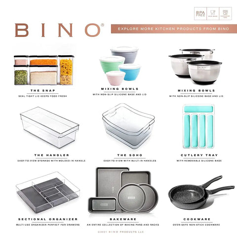Collage of various BINO kitchen products including bowls, trays, organizers, and cookware with labels and descriptions.
