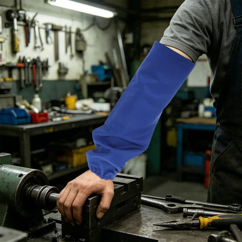 Tough As Nails Heat Resistant Welding Sleeves Fireproof Arm Protectors Zero Sweat Breathable Wrap Pro Grade Armor For Scorching Shop Grind And Heavy Auto Repair Blue worn on arm during mechanical work