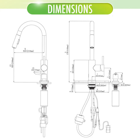 Dimensions diagram of Touchless Kitchen Faucet With Pull Down Sprayer Matte Black Finish Motion Sensor High Arc Spout 1.8 GPM Flow