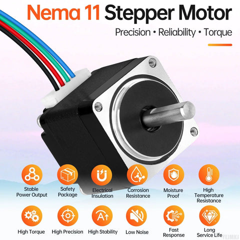 Angled front view of NEMA 11 stepper motor with square flange, protruding shaft, and multi-color 4-wire cable.