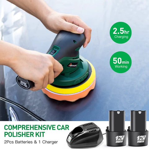 Person using Cordless Car Buffer Polisher With Two 2000mAh Batteries And Charger, 6 Inch Waxer Kit on car surface