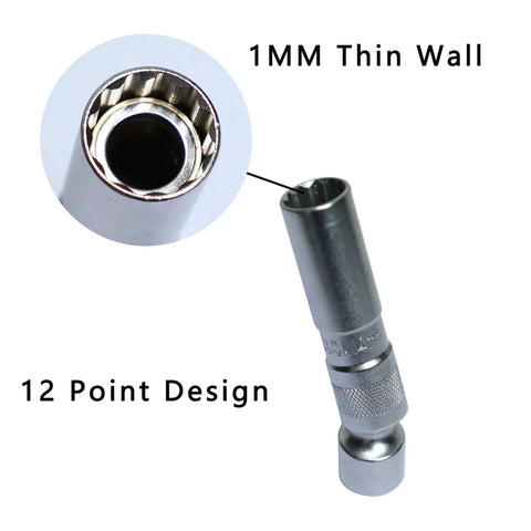 Magnetic Thin Walled 14mm Spark Plug Socket With Universal Joint For Three Eighths Inch Drive 12 Point Swivel Removal Tool 96L