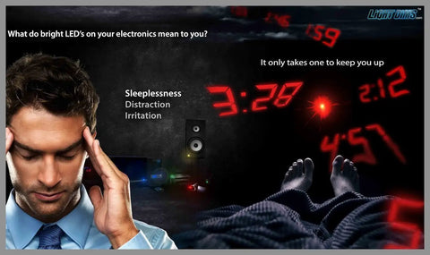 Person stressed by bright LED lights in dark room with clock and electronics; concept for Blackout Light Blocking Sheets for Electronics and Appliances, Peel and Stick Two Sheets With Cuttable Uncut Sheet, Blocks One Hundred Percent of Light, Great For Home Theater And Privacy, Not For Recording Devices, Retail Packaging.