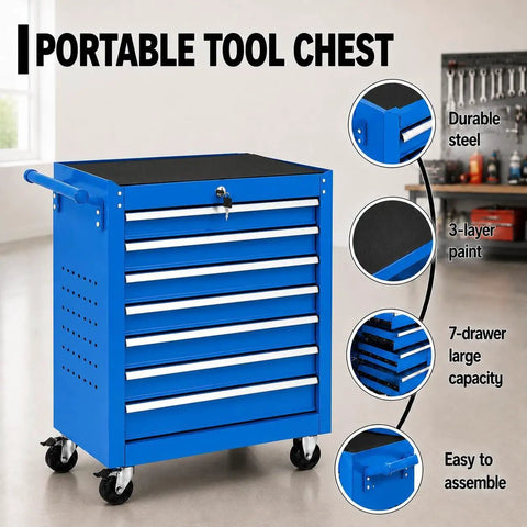 Gangster Tough Rolling Tool Chest With Seven Drawers Lockable Metal Tool Cart For Garage Setup features durable steel and blue paint.
